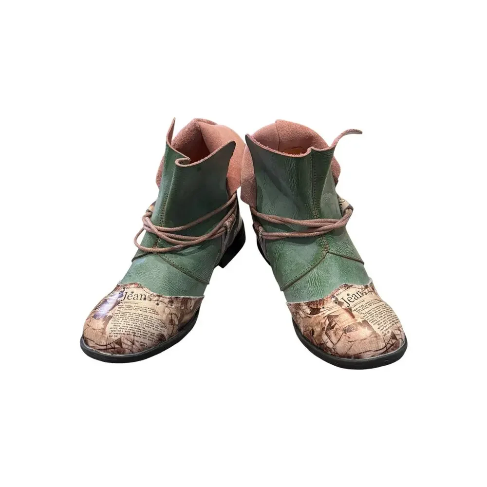 TMA EYES Tie-Accent Green Leather Newspaper Ankle Boots EU 37 US 6.5